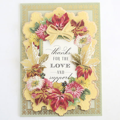 Adorn your Thanksgiving cards or seasonal paper crafts with Fall Ephemera Embellishments—an elegant set featuring an ornate floral and leaf border, gold accents, and the heartfelt message “Thanks for the love and support” centered on the card. These embellishments add a touch of autumn beauty to your creative projects.