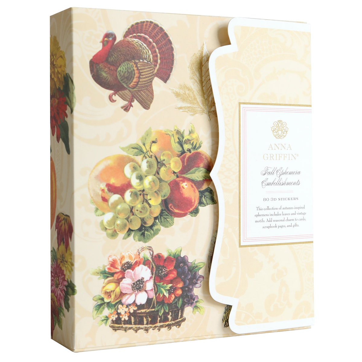 Housed in a box adorned with charming illustrations of a turkey, fruit, and flowers and labeled “Anna Griffin Fall Ephemera Embellishments,” this set is perfect for your seasonal paper crafting or for designing stunning Thanksgiving cards. Each box includes exquisite embellishments to elevate all your autumn-themed projects.