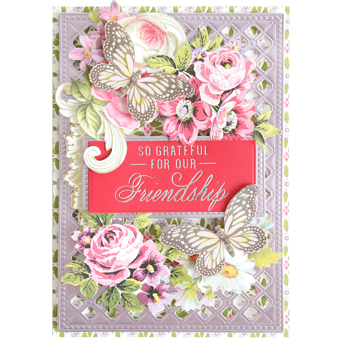 Featuring pink and white flowers, butterflies, and a bold red sign that reads “So Grateful For Our Friendship” on a decorative lavender background, the Gilded Friendship Sentiment Foil Plates are perfect for creating handmade cards. This design beautifully incorporates hot foil sentiments to express the warmth of your friendship.