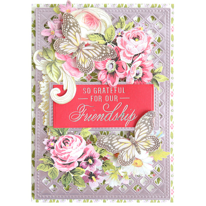 Featuring pink and white flowers, butterflies, and a bold red sign that reads “So Grateful For Our Friendship” on a decorative lavender background, the Gilded Friendship Sentiment Foil Plates are perfect for creating handmade cards. This design beautifully incorporates hot foil sentiments to express the warmth of your friendship.