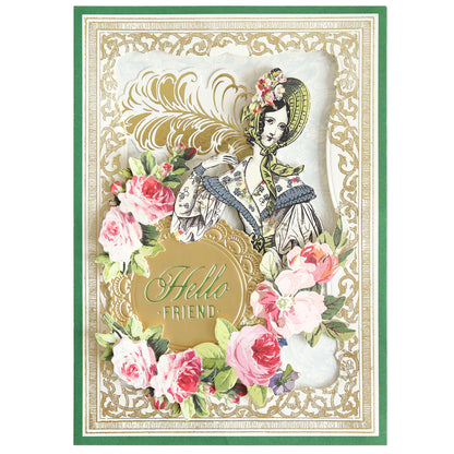 Featuring the Gilded Friendship Sentiment Foil Plates, this greeting card showcases an ornate gold border, a Victorian-era woman in a bonnet, pink roses, and “Hello Friend” elegantly expressed in hot foil sentiments—a timeless design ideal for handmade cards or pairing with your favorite friendship foil plates.