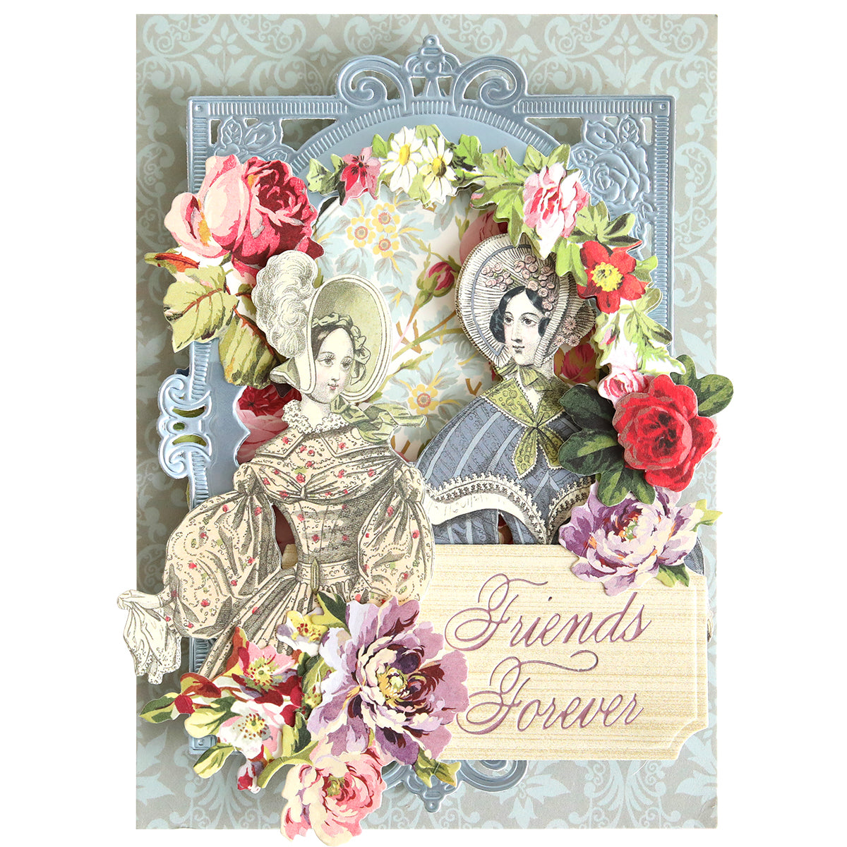 Featuring the Gilded Friendship Sentiment Foil Plates, this decorative card showcases two women in vintage attire surrounded by vibrant flowers and enhanced with elegant hot foil sentiments. The beige sign displays the text “Friends Forever,” making it an ideal addition to your handmade cards.