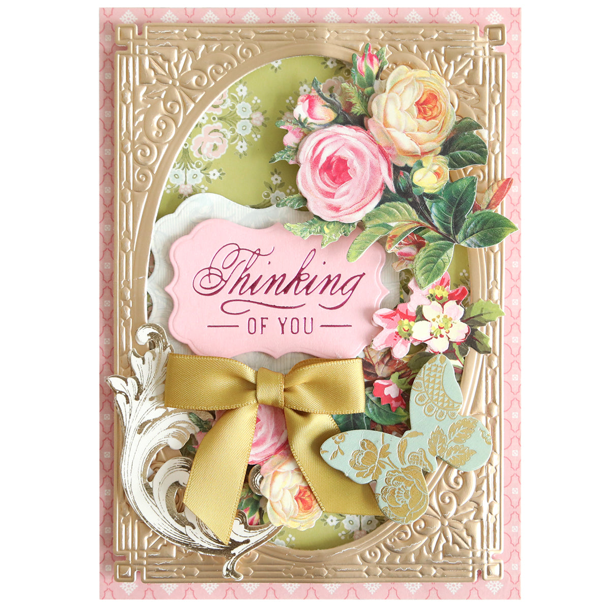 Showcase your thoughtful sentiments with the Gilded Friendship Sentiment Foil Plates—these foil plates feature an ornate gold frame, floral decorations, a yellow ribbon bow, and a blue butterfly cutout framing a pink label with the text “Thinking of You,” perfect for handmade cards.