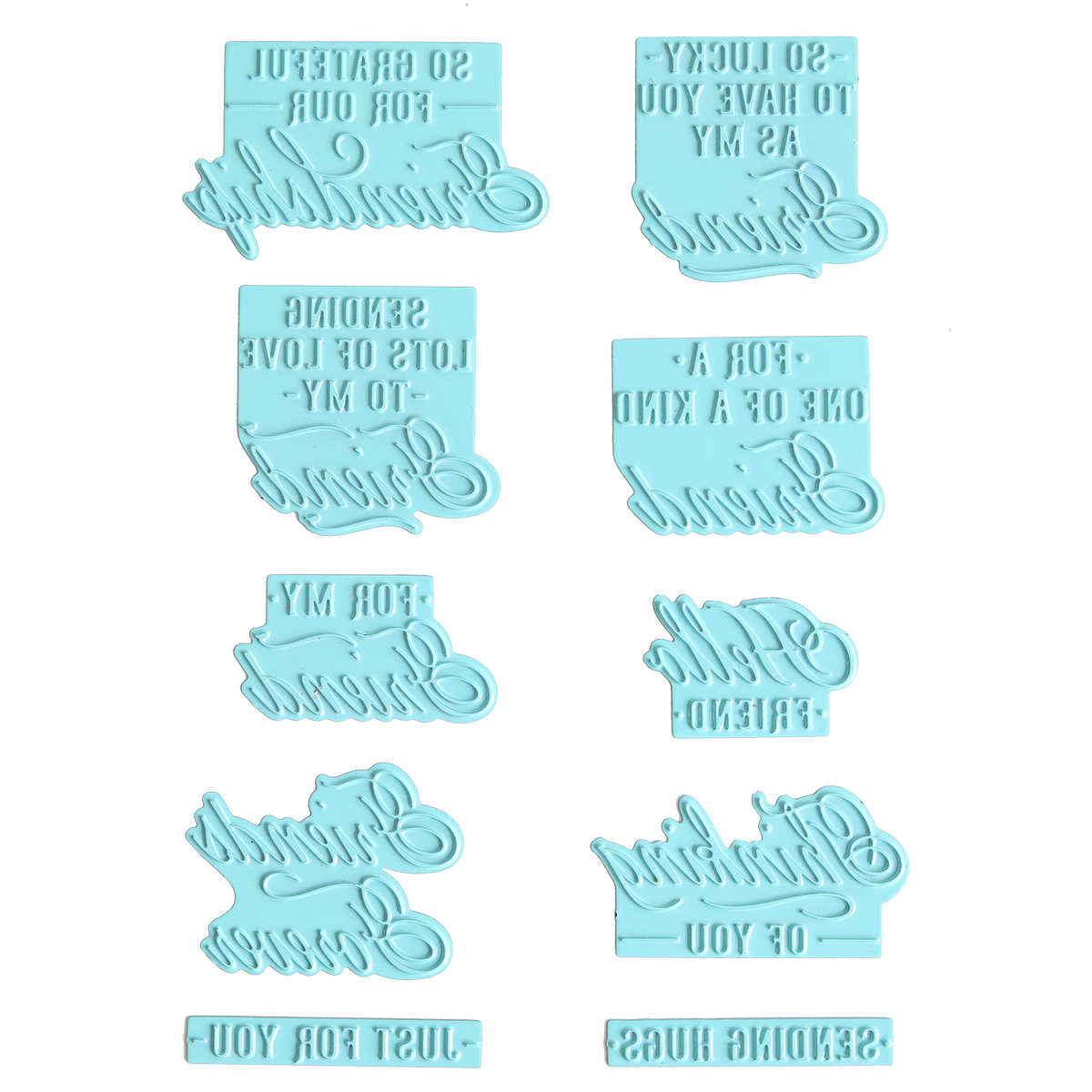 Ten light blue silicone stamps featuring a variety of positive messages, ideal for creating hot foil sentiments or using alongside the Gilded Friendship Sentiment Foil Plates on handmade cards, arranged in two vertical columns on a white background; text appears reversed for stamping purposes.