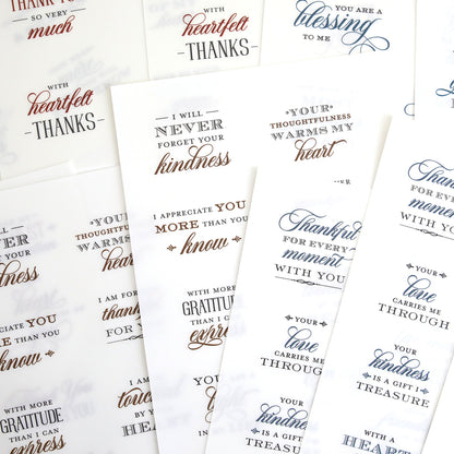 With Gratitude Sentiment Rub Ons feature sheets of paper covered in decorative gratitude and appreciation phrases, like “Thank you so very much” and “Your thoughtfulness warms my heart.” These rub on transfers are perfect embellishments for adding heartfelt thank you sentiments to your papercrafting projects.