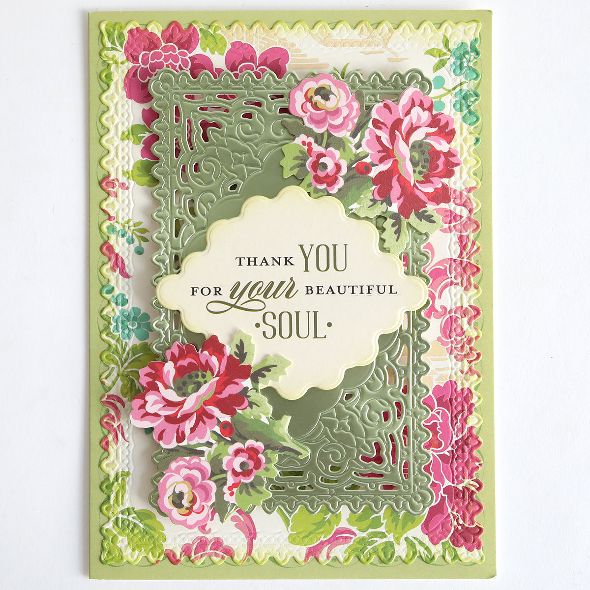 Express heartfelt thanks for any occasion with the With Gratitude Sentiment Rub Ons, featuring green and cream ornate floral designs and elegant script reading “Thank you for your beautiful soul.”.