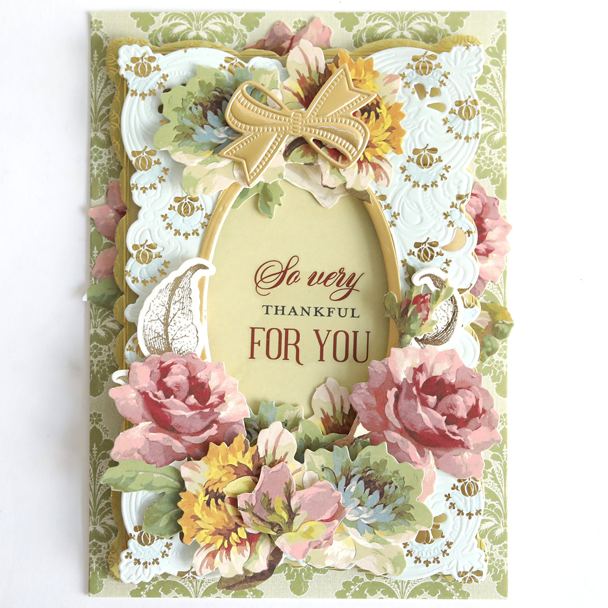 With Gratitude Sentiment Rub Ons featuring an ornate floral and gold bow design with the phrase “So very THANKFUL FOR YOU” in the center—ideal for expressing heartfelt appreciation in your thank you cards or for adding an elegant touch to your papercrafting supplies collection.