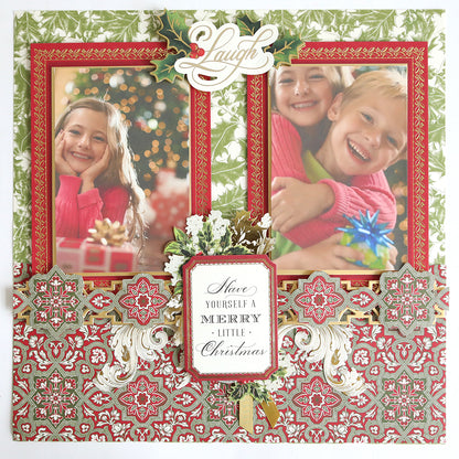 The Holiday Photo Mat and Card Layer Bundle showcases two framed photos of smiling children in festive settings on a decorative Christmas-themed card, featuring the heartfelt message "Have Yourself a Merry Little Christmas" at its center. This thoughtfully curated bundle includes seasonal photo mats and card-making accents, adding an extra touch of holiday charm to your special keepsake.
