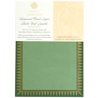 Holiday Photo Mat and Card Layer Bundle — This green photo mat card features an ornate gold pattern border, making it perfect as a festive card layer for your cardmaking projects. It is packaged under a white label that reads "Holiday Photo Mat and Card Layer Bundle.