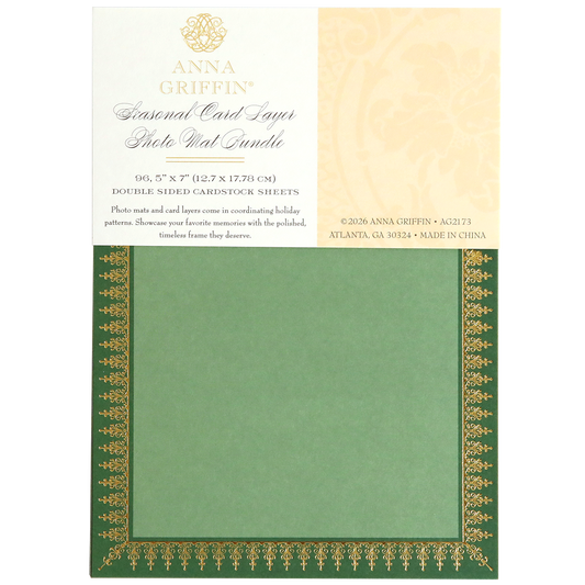 Holiday Photo Mat and Card Layer Bundle — This green photo mat card features an ornate gold pattern border, making it perfect as a festive card layer for your cardmaking projects. It is packaged under a white label that reads "Holiday Photo Mat and Card Layer Bundle.