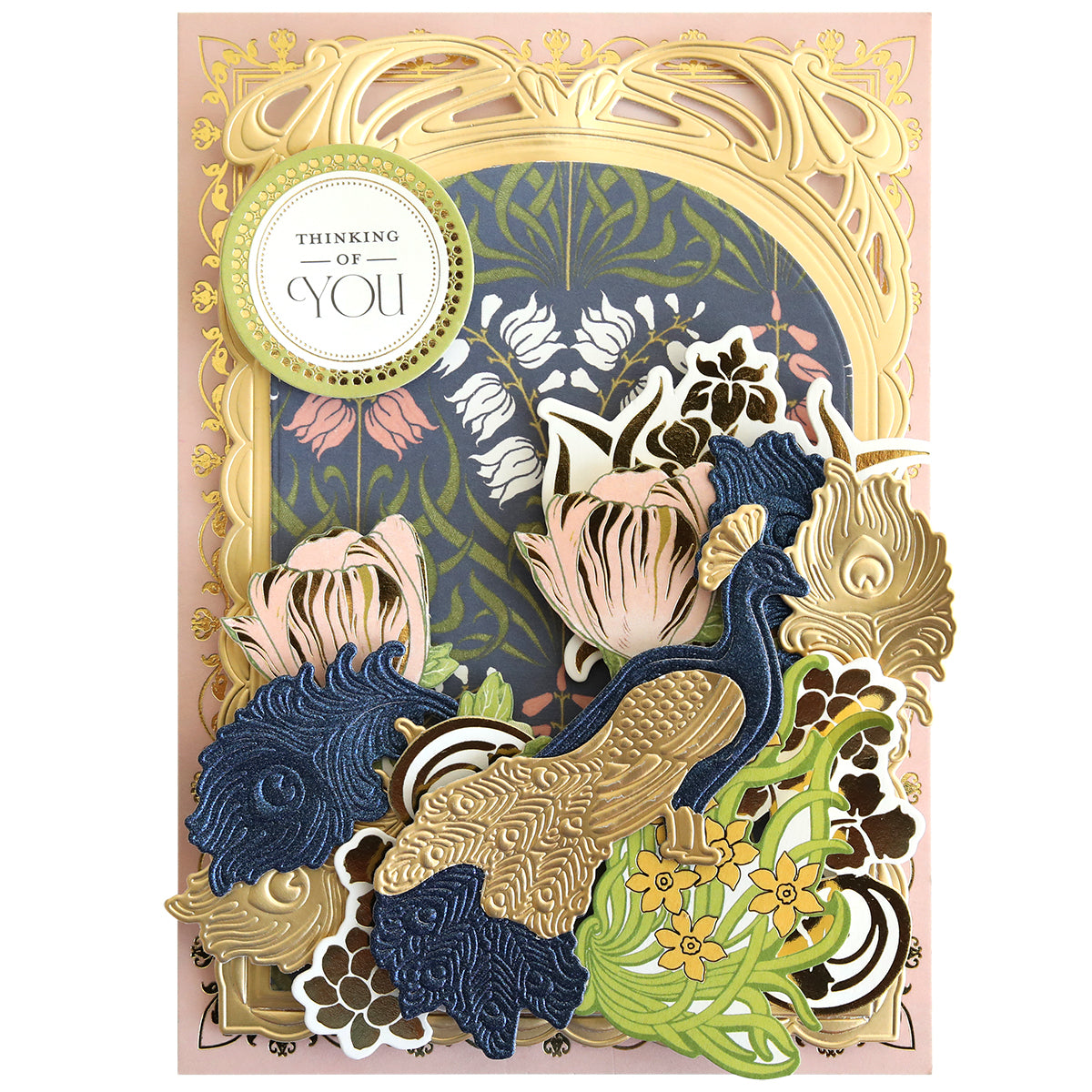 Handmade “Thinking of You” greeting card featuring layered paper peacocks crafted with the Peacock Scene 3D Dies, gold art nouveau frame, navy, pink, and gold tulips and floral embellishments.