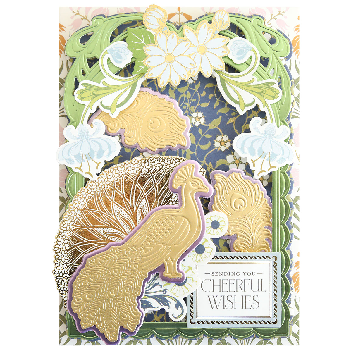 A decorative card created using Peacock Scene 3D Dies features a gold peacock, elegant floral designs, and the text “Sending You Cheerful Wishes” showcased on a richly layered, ornate background for added depth and dimension.