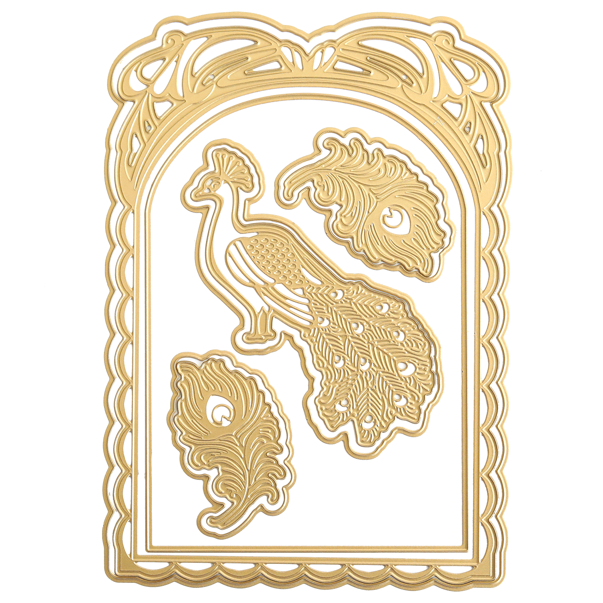 Featuring the Peacock Scene 3D Dies, this gold embossed design showcases a peacock and two paisley-shaped feathers within an ornate arched frame on a white background, crafted with intricate embossing dies for enhanced texture and dimension.