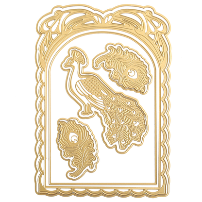 Featuring the Peacock Scene 3D Dies, this gold embossed design showcases a peacock and two paisley-shaped feathers within an ornate arched frame on a white background, crafted with intricate embossing dies for enhanced texture and dimension.