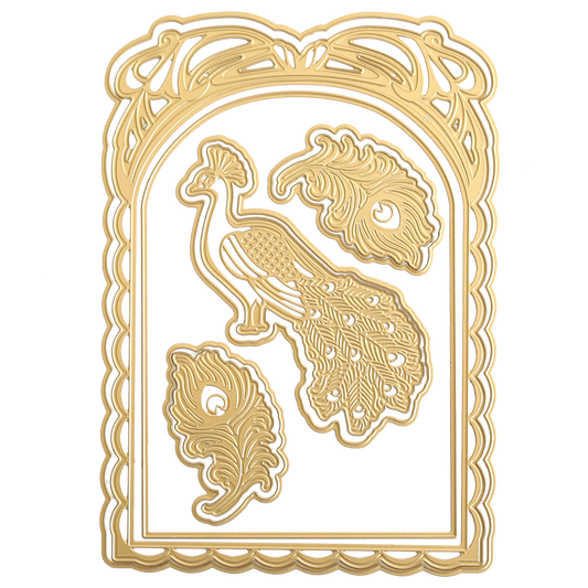 Featuring the Peacock Scene 3D Dies, this gold embossed design showcases a peacock and two paisley-shaped feathers within an ornate arched frame on a white background, crafted with intricate embossing dies for enhanced texture and dimension.