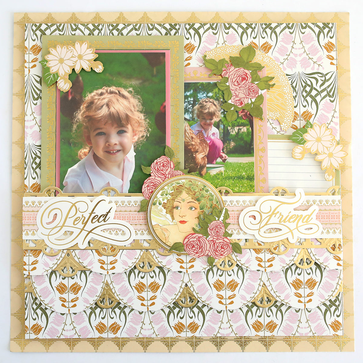 Showcase your creativity with the Dahlia Ultimate Papercrafting Collection by creating a scrapbook page featuring floral patterns, two photos of a young girl outdoors, and decorative text reading “Perfect Friend” adorned with roses and vintage-style embellishments—perfect for use in your own papercrafting projects or as inspiration for handmade cards.