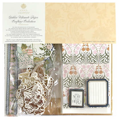 The Dahlia Ultimate Papercrafting Collection kit features patterned papers, ornate die-cuts, tags, and embellishments in clear packaging—perfect for creating beautiful scrapbook pages and handmade cards.
