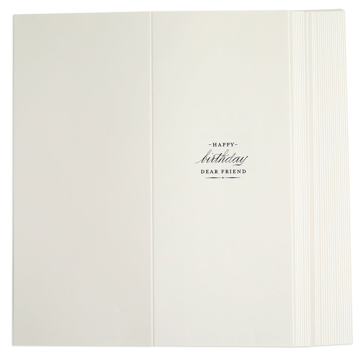 Slimline Birthday Card Sentiment Inserts—blank white cards with "Happy birthday dear friend" in black on the inside right panel, perfect ivory inserts for adding a personal touch to birthday greetings.