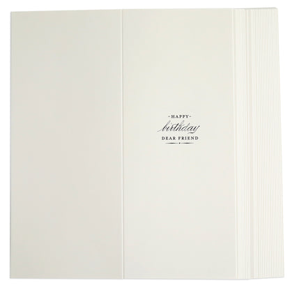 Slimline Birthday Card Sentiment Inserts—blank white cards with "Happy birthday dear friend" in black on the inside right panel, perfect ivory inserts for adding a personal touch to birthday greetings.