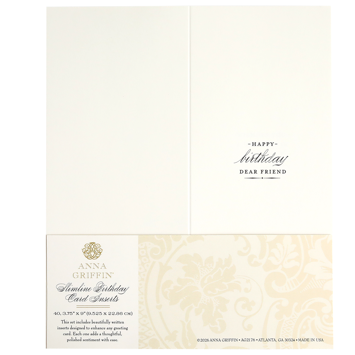 The Slimline Birthday Card Sentiment Inserts feature the message “Happy Birthday Dear Friend” inside, with heartfelt birthday wishes. Anna Griffin branding and card details appear at the bottom section.