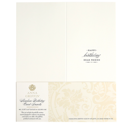 The Slimline Birthday Card Sentiment Inserts feature the message “Happy Birthday Dear Friend” inside, with heartfelt birthday wishes. Anna Griffin branding and card details appear at the bottom section.