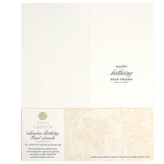 The Slimline Birthday Card Sentiment Inserts feature the message “Happy Birthday Dear Friend” inside, with heartfelt birthday wishes. Anna Griffin branding and card details appear at the bottom section.