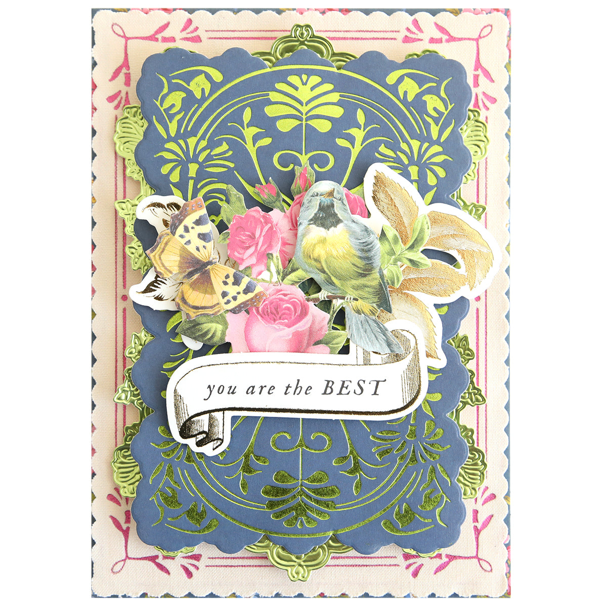 Create stunning handmade cards with the Gilded Art Nouveau Border & Pattern Hot Foil Plate, which features an ornate blue and gold background adorned with elegant floral, butterfly, and bird motifs, plus a banner reading “you are the BEST”—perfect for papercrafting enthusiasts.