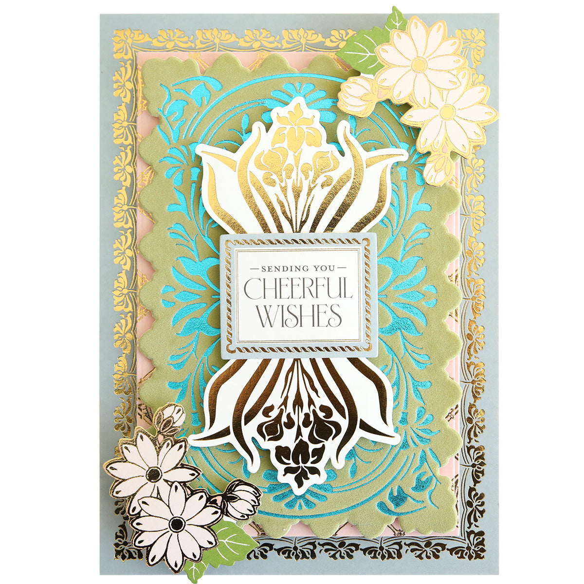 A decorative greeting card showcasing gold, teal, and pink floral designs with the message “Sending You Cheerful Wishes” in the center and elegant clusters of flowers in two corners—crafted using papercrafting techniques and the Gilded Art Nouveau Border & Pattern Hot Foil Plate.
