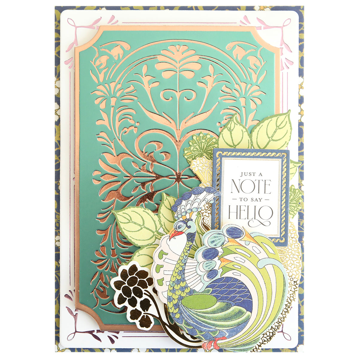 Gilded Art Nouveau Border & Pattern Hot Foil Plate greeting card with an ornate gold and teal design, featuring an illustrated peacock and leaves, plus a label reading “Just a note to say hello.” Ideal for handmade card enthusiasts, this piece beautifully showcases the shimmering hot foil detailing inspired by the elegance of the Gilded Art Nouveau collection.