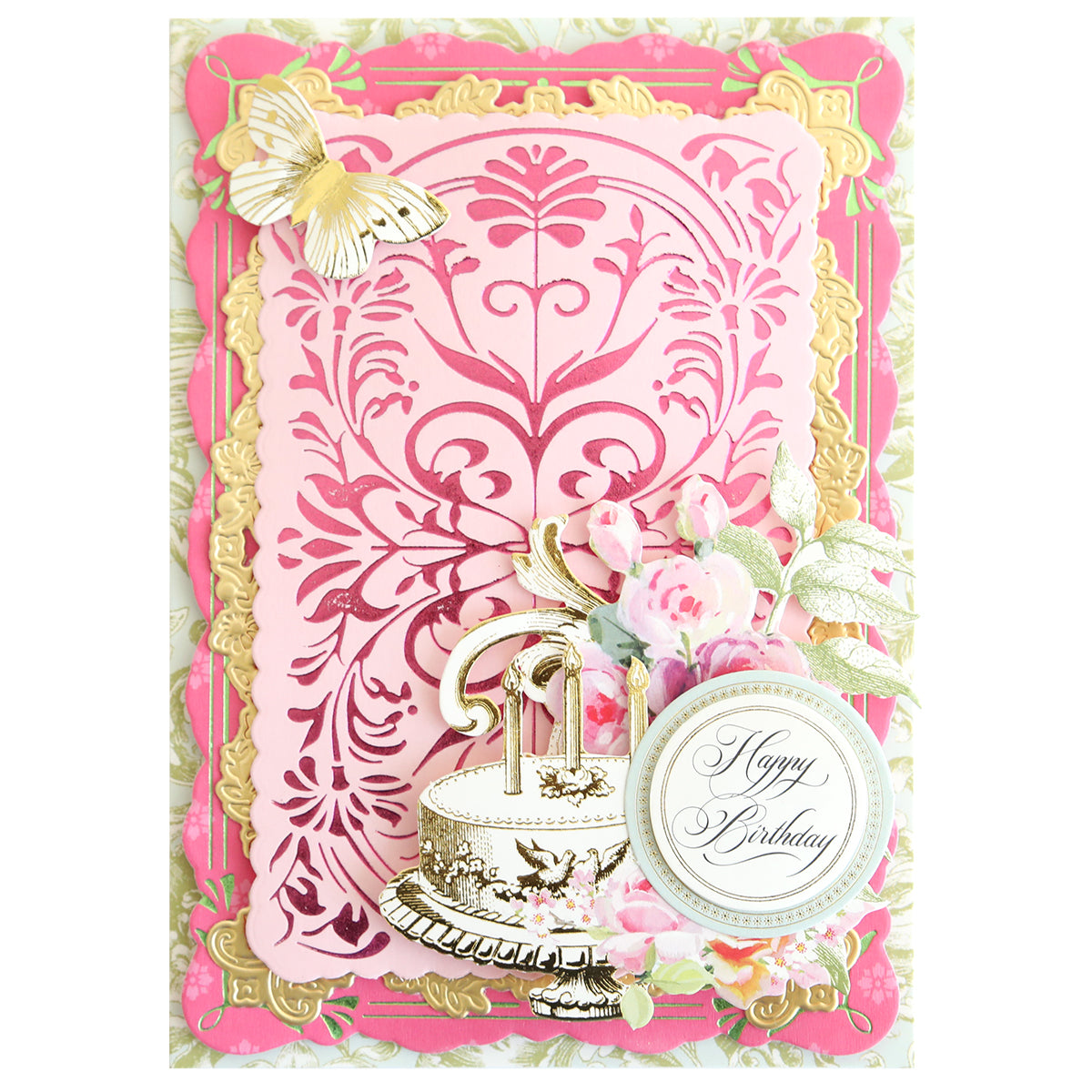 Ornate pink and gold birthday card featuring floral patterns, a gold butterfly, a decorated cake illustration, and the words “Happy Birthday” in a circular frame—expertly crafted using the Gilded Art Nouveau Border & Pattern Hot Foil Plate for an elegant touch, perfect for lovers of handmade cards.