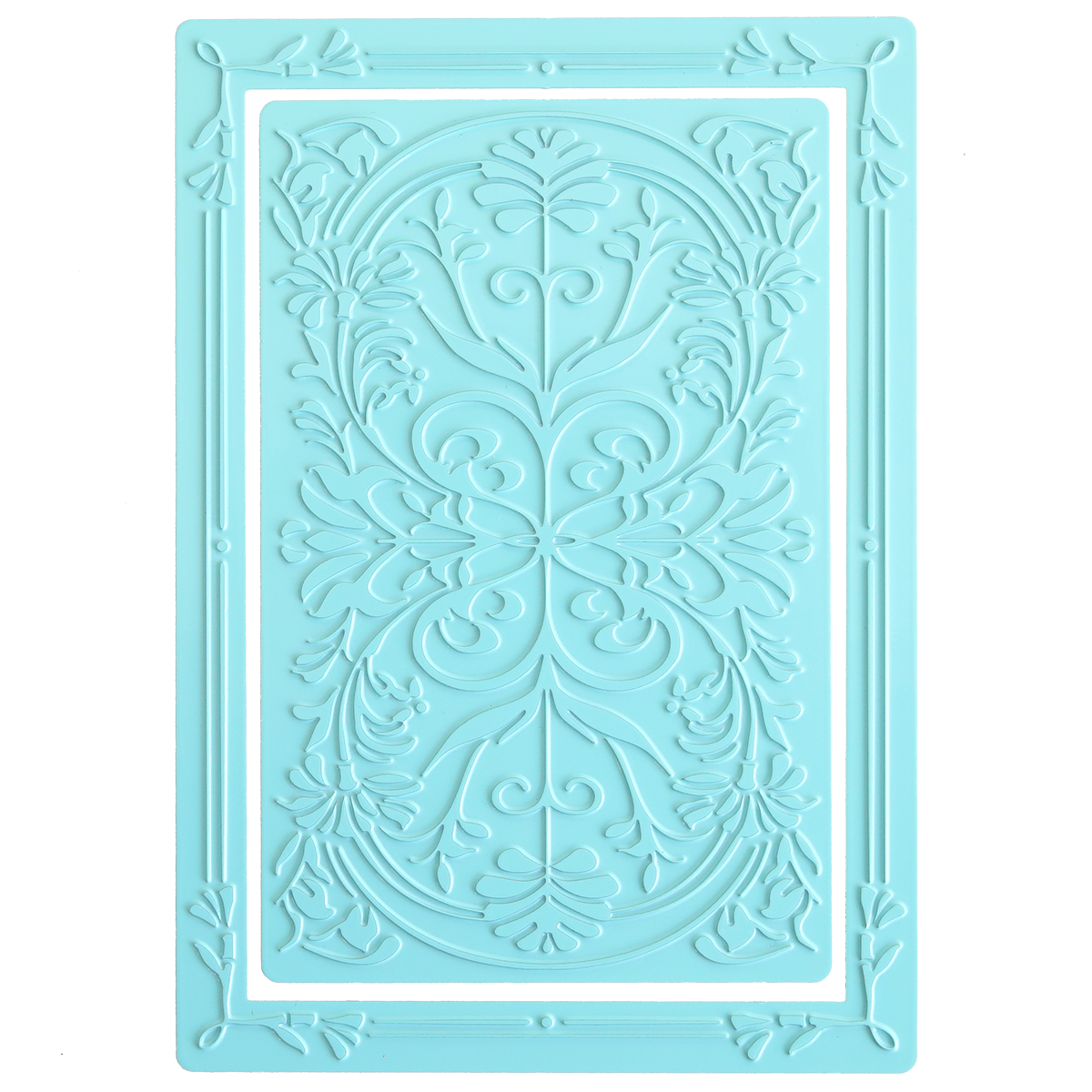 Gilded Art Nouveau Border & Pattern Hot Foil Plate: This rectangular turquoise decorative panel features an embossed, symmetrical floral and leaf motif bordered by a raised frame. A stunning element for handmade cards, it is compatible with popular hot foil techniques—including use with the Anna Griffin Empress Gild system.