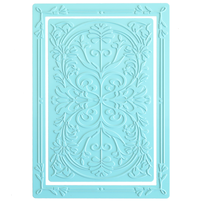 Gilded Art Nouveau Border & Pattern Hot Foil Plate: This rectangular turquoise decorative panel features an embossed, symmetrical floral and leaf motif bordered by a raised frame. A stunning element for handmade cards, it is compatible with popular hot foil techniques—including use with the Anna Griffin Empress Gild system.