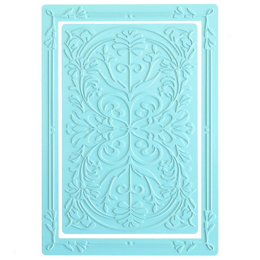 Gilded Art Nouveau Border & Pattern Hot Foil Plate: This rectangular turquoise decorative panel features an embossed, symmetrical floral and leaf motif bordered by a raised frame. A stunning element for handmade cards, it is compatible with popular hot foil techniques—including use with the Anna Griffin Empress Gild system.