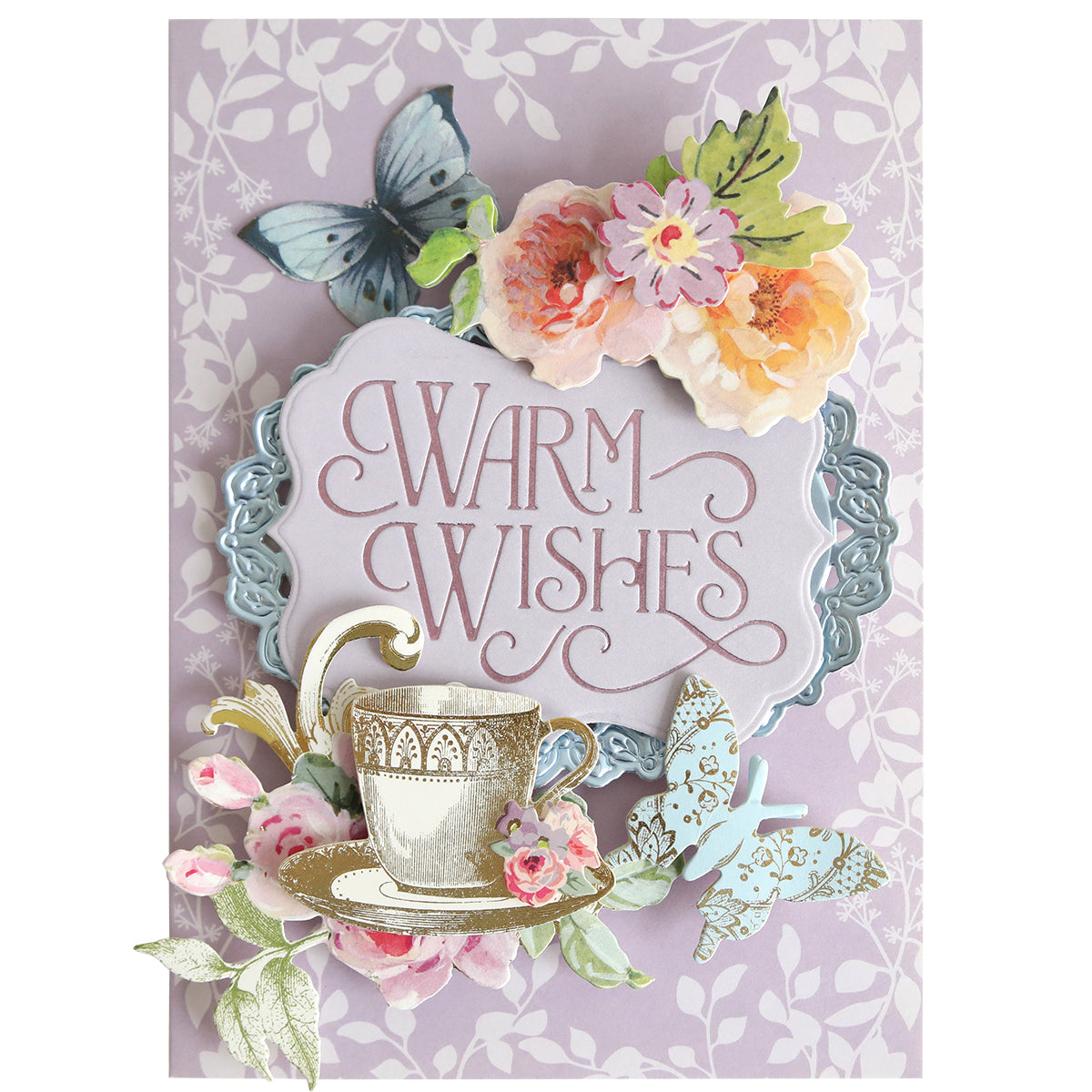 Elevate your handmade cards and paper crafting projects with the Gilded Essential Sentiments Foil Plates, featuring elegant “Warm Wishes” text beautifully adorned with floral accents, a charming teacup, and butterflies on a pastel purple backdrop—ideal for craft enthusiasts who cherish thoughtful, decorative designs.