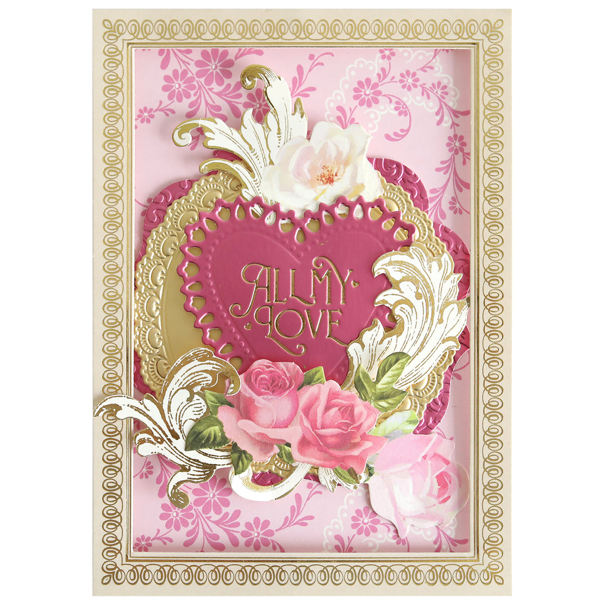 Decorative greeting card featuring “All My Love” in gold on a pink heart, surrounded by ornate gold accents and pink roses on a floral pink background—a perfect showcase for paper crafting and handmade cards with the Gilded Essential Sentiments Foil Plates.