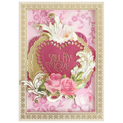 Decorative greeting card featuring “All My Love” in gold on a pink heart, surrounded by ornate gold accents and pink roses on a floral pink background—a perfect showcase for paper crafting and handmade cards with the Gilded Essential Sentiments Foil Plates.