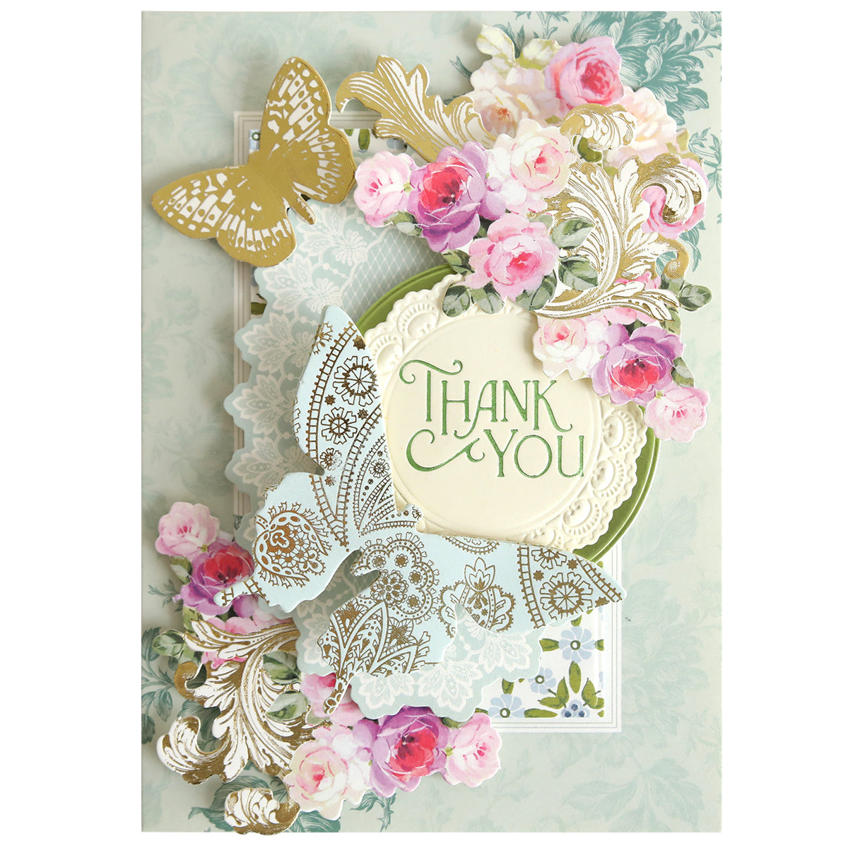 Show your gratitude with the Gilded Essential Sentiments Foil Plates—a decorative foil plate set that adds “Thank You” text in elegant style, featuring gold and pastel butterflies, pink flowers, and ornate floral patterns on a light green background. Perfect for handmade cards and sophisticated paper crafting projects.