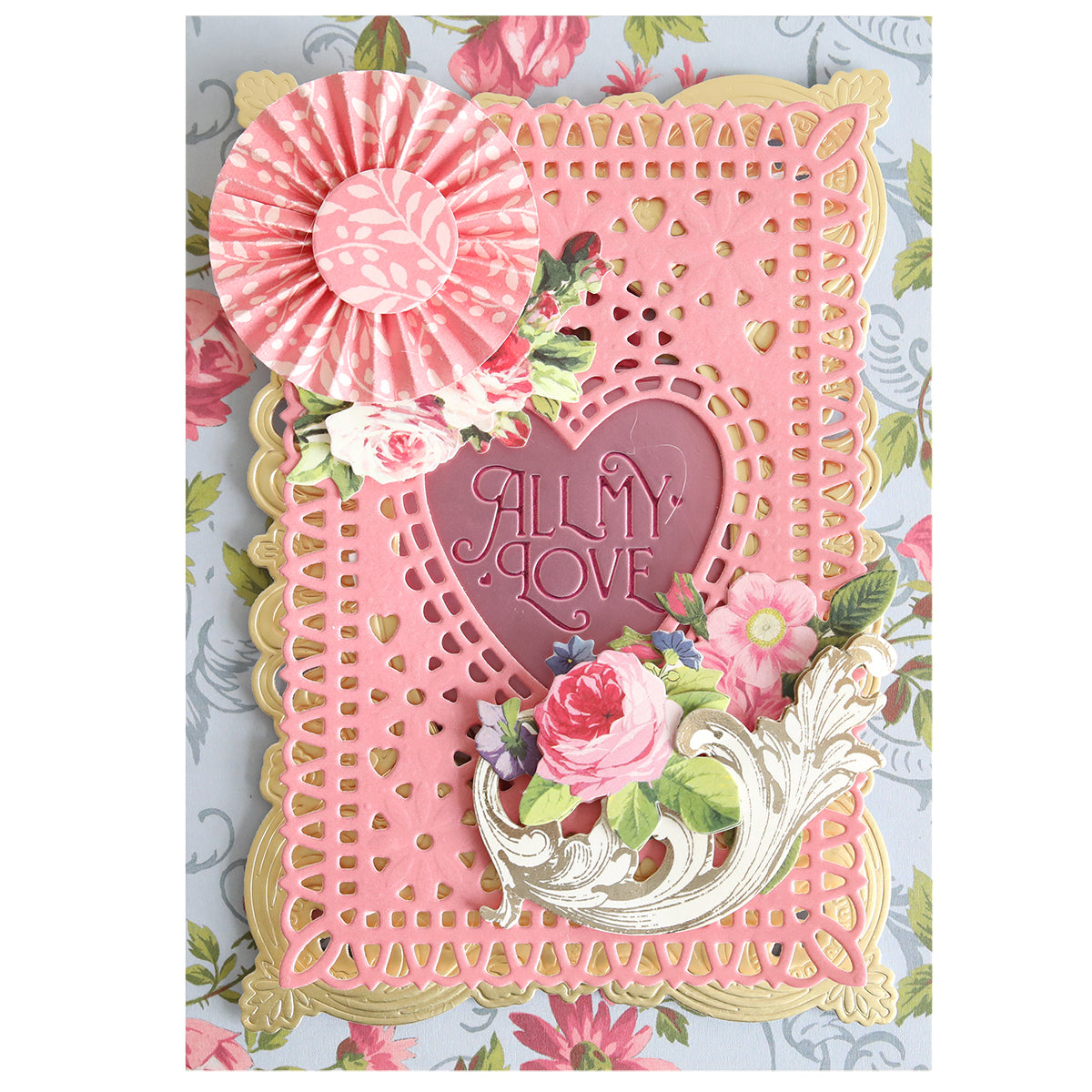 Showcase your passion for paper crafting and elegant details with a handmade card featuring gold trim created with the Gilded Essential Sentiments Foil Plates, accented by a pink heart, floral embellishments, a paper rosette, and the sentiment “All My Love” beautifully highlighted in the center.