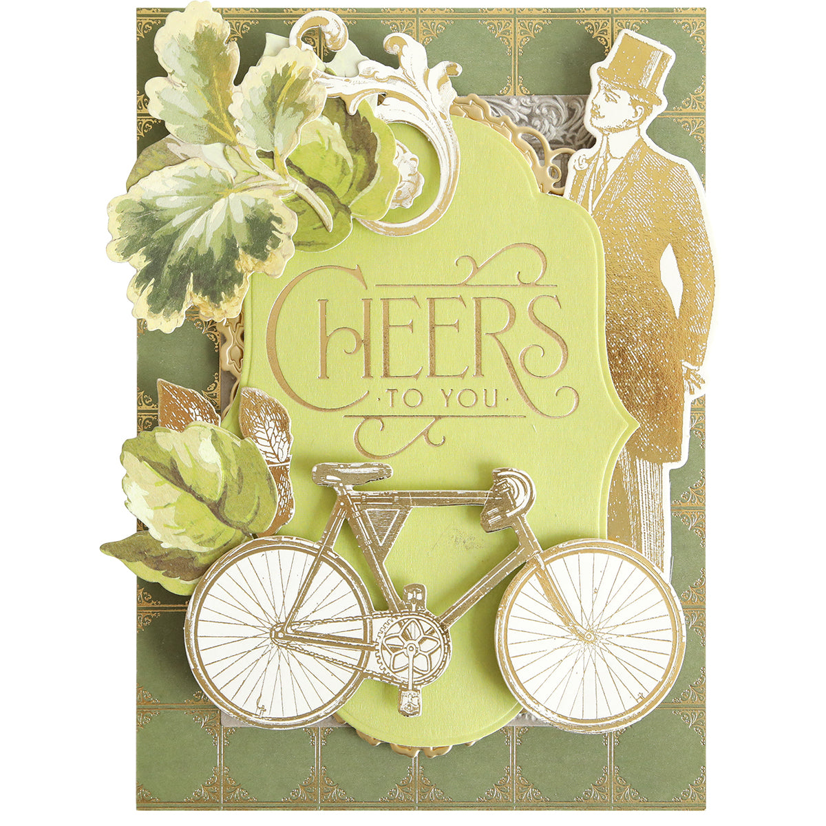 A decorative card created with the Gilded Essential Sentiments Foil Plates, perfect for paper crafting enthusiasts, features the text “Cheers to you,” a vintage bicycle illustration, green leaves, and a man in a top hat and suit on a patterned green background.