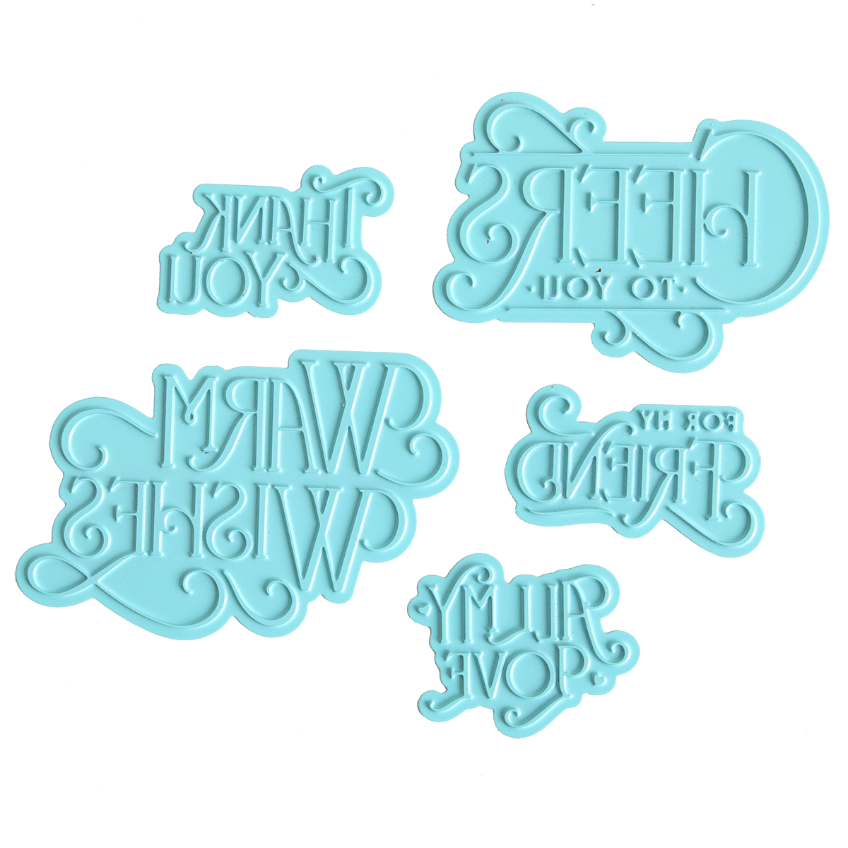 Five light blue Gilded Essential Sentiments Foil Plates featuring reversed text with phrases such as “CHEERS TO YOU!” and “THANK YOU” are displayed on a white background—ideal for adding unique touches to handmade cards or elevating your next paper crafting project.