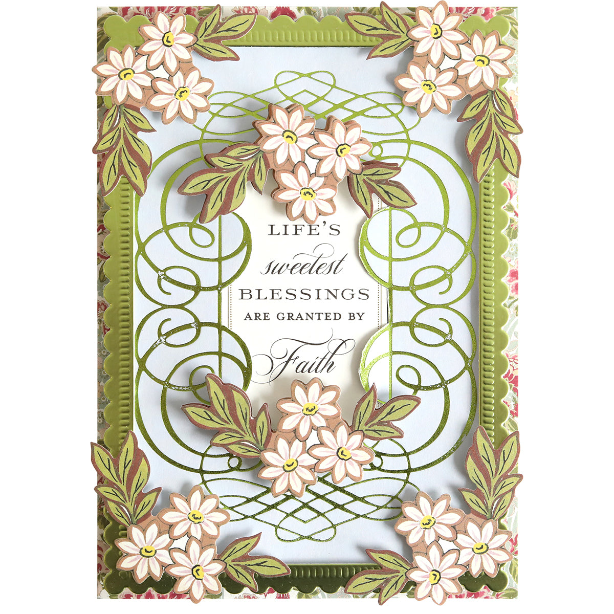 Introducing the Calligraphy Frame Gilded Hot Foil Plate: This elegant design features layered floral decorations and a green border, reminiscent of the charm found in handmade cards. The center showcases the sentiment, “Life’s sweetest blessings are granted by faith,” making it perfect for scrapbook pages or special occasions.