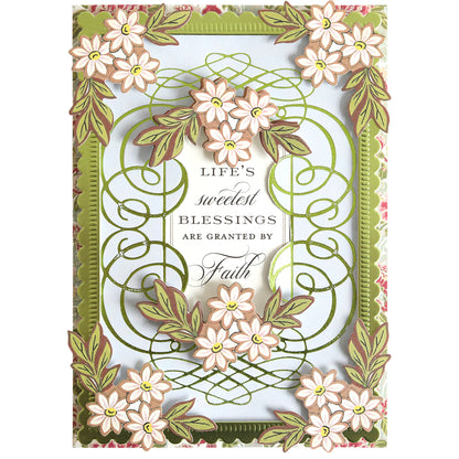 Introducing the Calligraphy Frame Gilded Hot Foil Plate: This elegant design features layered floral decorations and a green border, reminiscent of the charm found in handmade cards. The center showcases the sentiment, “Life’s sweetest blessings are granted by faith,” making it perfect for scrapbook pages or special occasions.