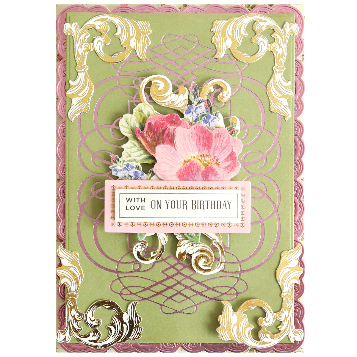 Add elegant, gold calligraphic accents to your handmade cards or scrapbook pages with the Calligraphy Frame Gilded Hot Foil Plate. Designed with an ornate pink and green border, floral illustration, and a “With Love On Your Birthday” label, this product is perfect for creating decorative birthday cards or adding a sophisticated touch to any craft project.