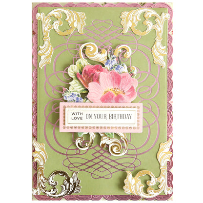 Add elegant, gold calligraphic accents to your handmade cards or scrapbook pages with the Calligraphy Frame Gilded Hot Foil Plate. Designed with an ornate pink and green border, floral illustration, and a “With Love On Your Birthday” label, this product is perfect for creating decorative birthday cards or adding a sophisticated touch to any craft project.