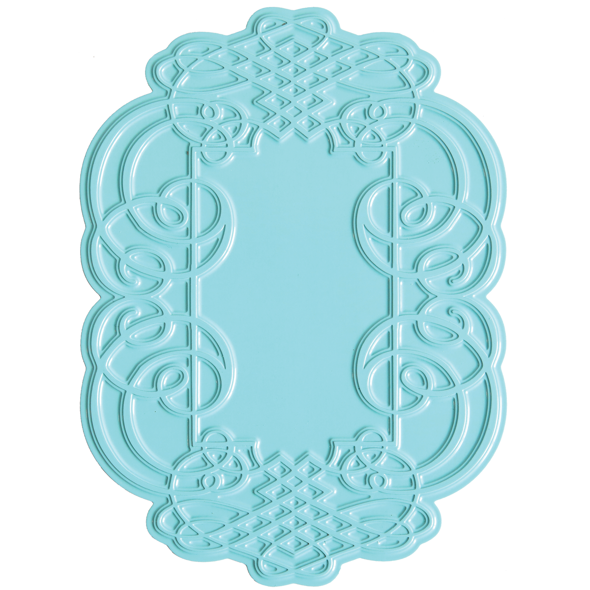 Sure! Here’s a rewritten version using your product data: Add an elegant touch to handmade cards or scrapbook pages with the Calligraphy Frame Gilded Hot Foil Plate, featuring an ornate, raised, swirled and geometric border pattern in a light blue rectangular design on a white background.