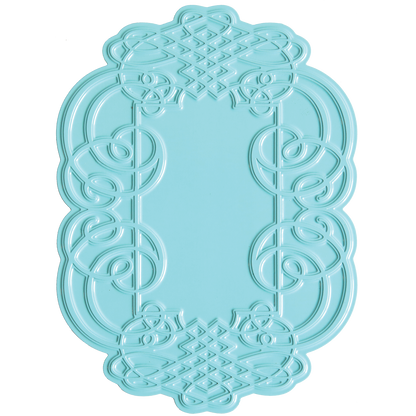 Sure! Here’s a rewritten version using your product data: Add an elegant touch to handmade cards or scrapbook pages with the Calligraphy Frame Gilded Hot Foil Plate, featuring an ornate, raised, swirled and geometric border pattern in a light blue rectangular design on a white background.