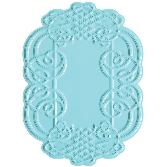 Sure! Here’s a rewritten version using your product data: Add an elegant touch to handmade cards or scrapbook pages with the Calligraphy Frame Gilded Hot Foil Plate, featuring an ornate, raised, swirled and geometric border pattern in a light blue rectangular design on a white background.