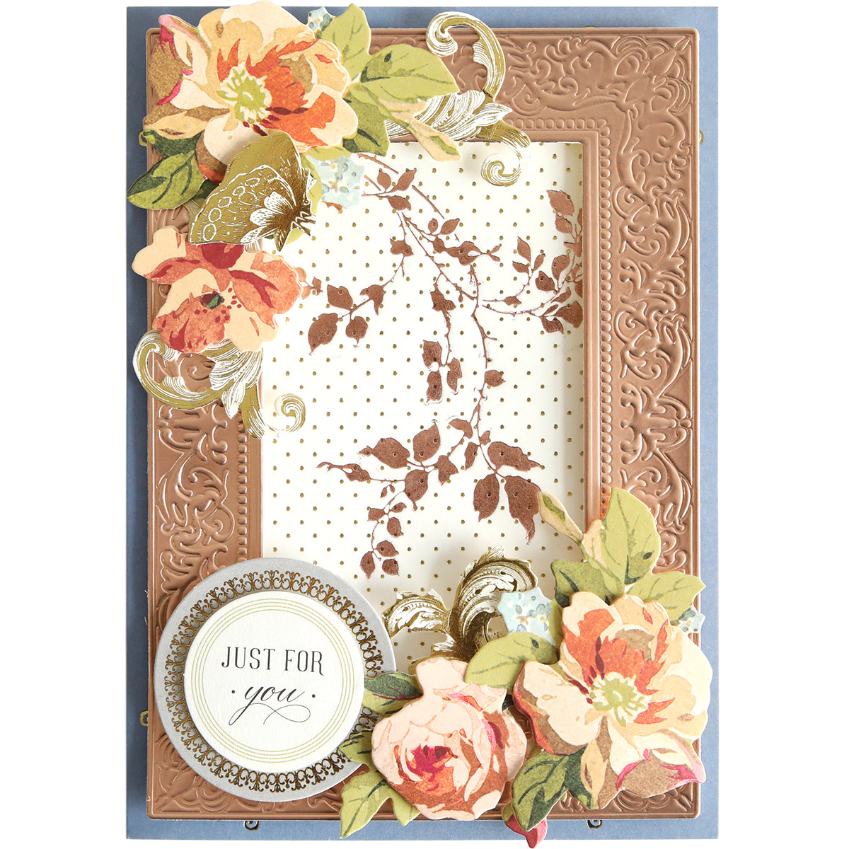 Handmade greeting card featuring the Flourish and Vine Gilded Hot Foil Plates, with an embossed brown border, floral decorations, gold foil accents, and a circular label reading “Just for you.” Ideal for paper crafting enthusiasts, the central panel showcases a brown leafy branch pattern on a dotted background.
