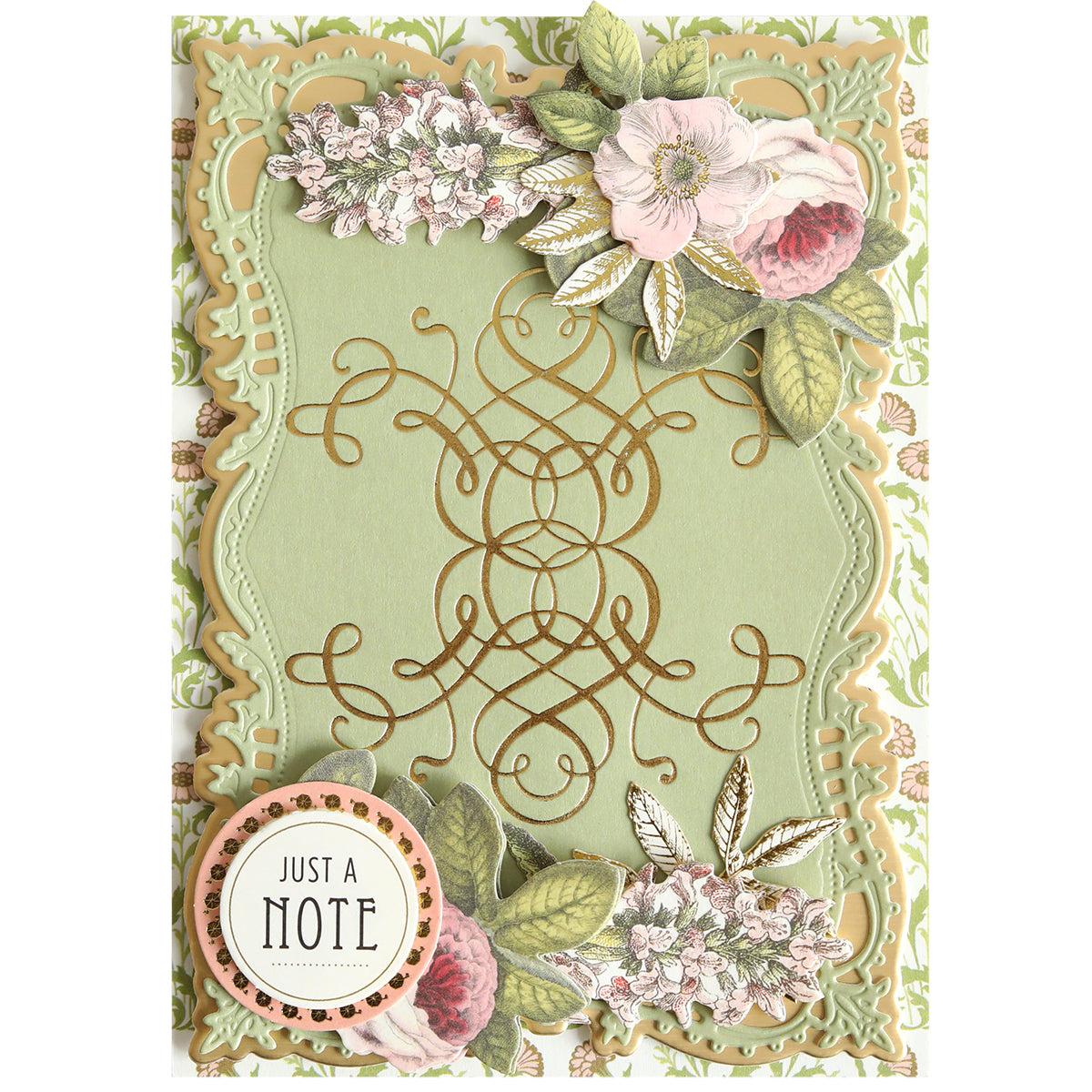 Handmade greeting card featuring the Flourish and Vine Gilded Hot Foil Plates, showcasing ornate gold scrollwork, delicate floral decorations, and a round label reading “Just a Note” in the bottom left corner—a stunning creation for paper crafting enthusiasts.