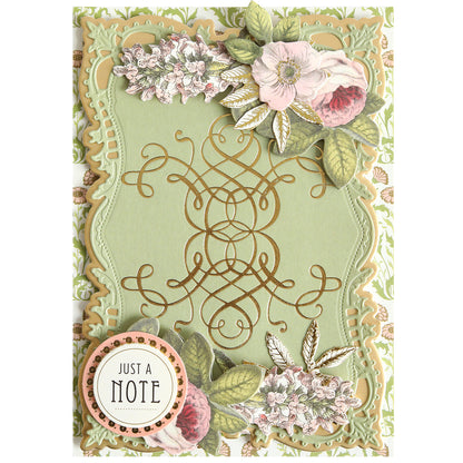 Handmade greeting card featuring the Flourish and Vine Gilded Hot Foil Plates, showcasing ornate gold scrollwork, delicate floral decorations, and a round label reading “Just a Note” in the bottom left corner—a stunning creation for paper crafting enthusiasts.